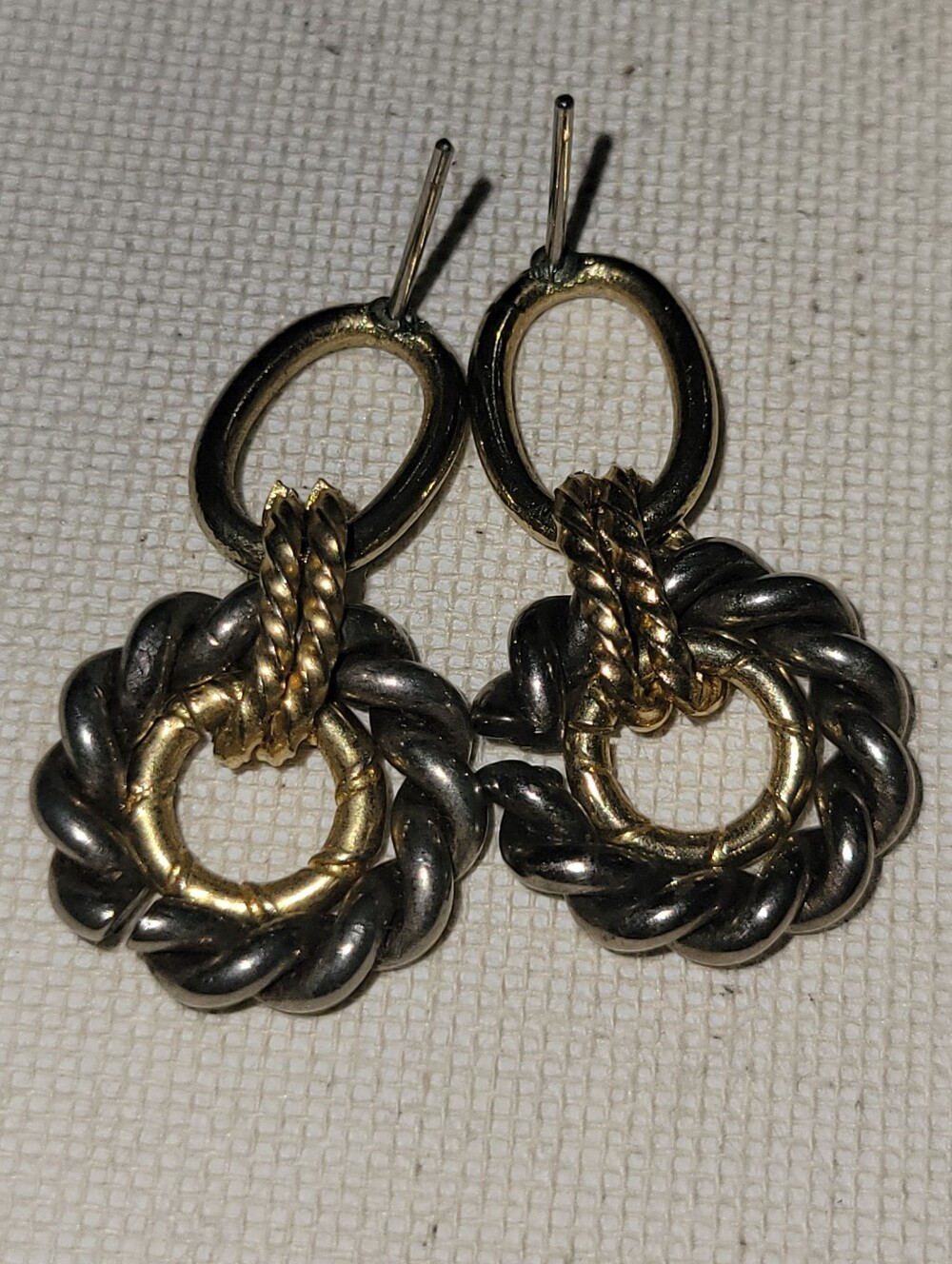 Two-Tone Gold and Gunmetal Rope Drop Earrings